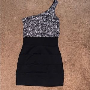 One shoulder black w Aztec print mini dress